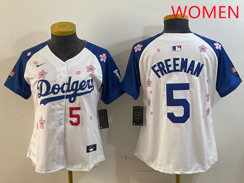 Women Los Angeles Dodgers #5 Freeman White Blue Sakura Edition 2025 Nike MLB Jersey style 7->women mlb jersey->Women Jersey